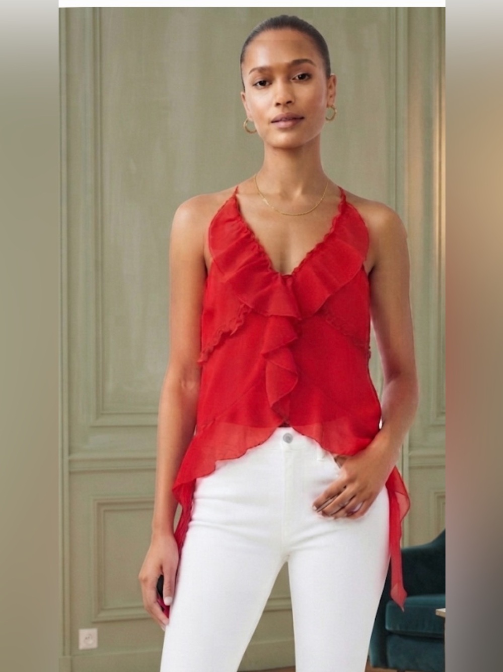 Thirty/Thirty Red Ruffle V-Neck Women's Top